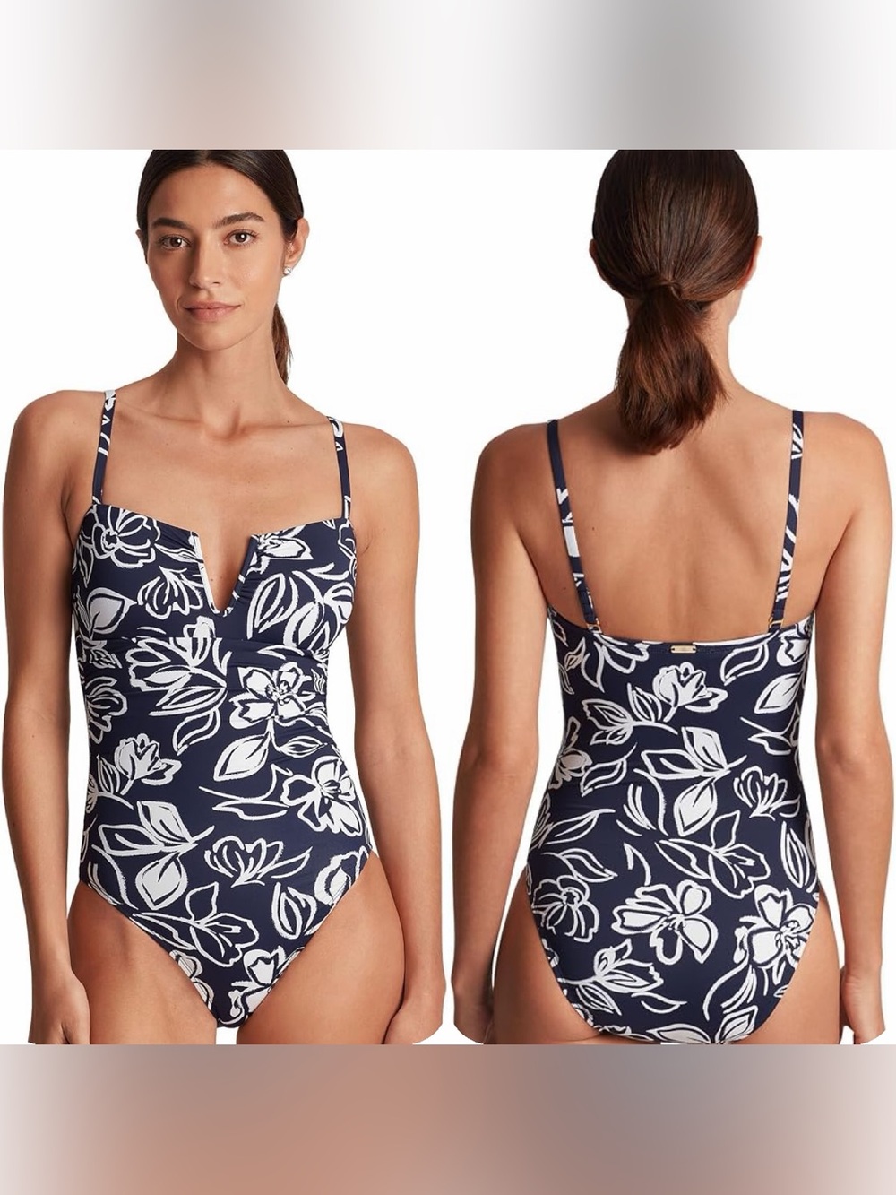 NWT Lauren Ralph Lauren Floral U Wire One Piece Swimsuit Navy White 14